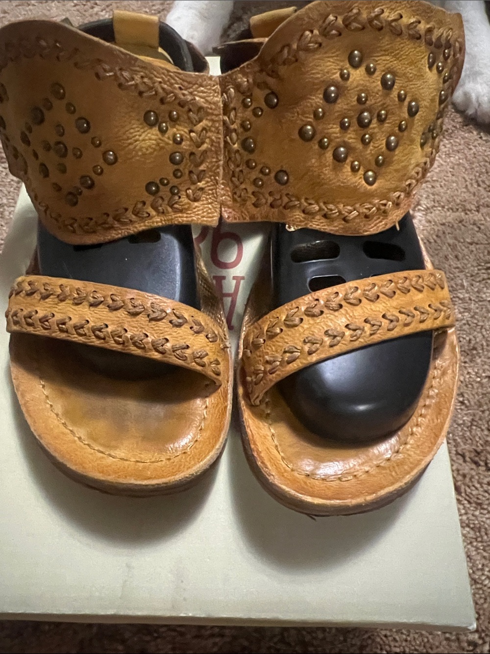 Women's Tan Leather Studded Sandal - Comfortable Open-Toe Wedge